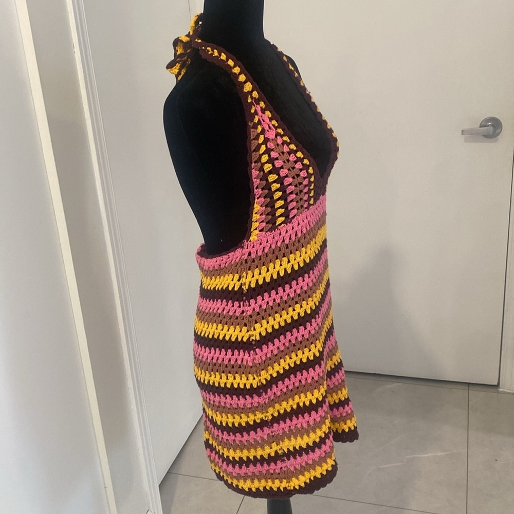 ZARA, Colourful Retro Crochet Halter Dress, with deep V-Neck Size Large - Picture 8 of 17